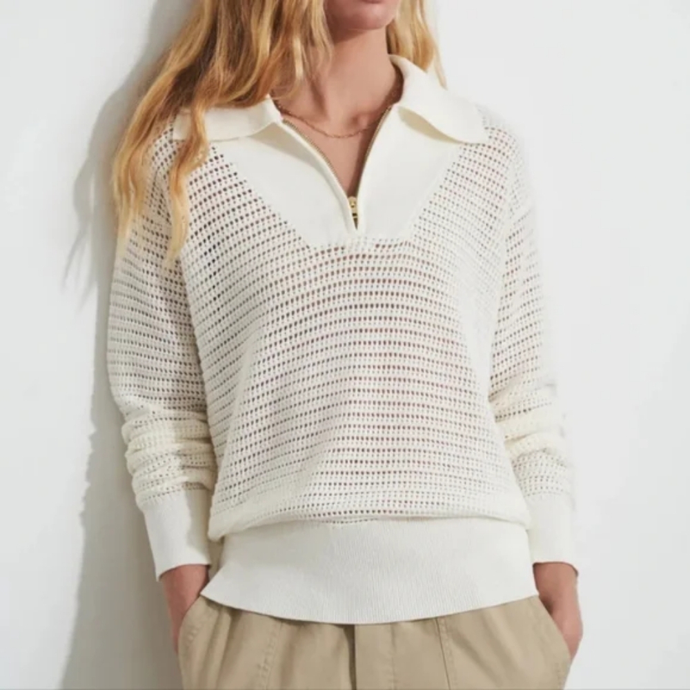 Varley White V-Neck Sweater with Open Knit Details Cole Polo Style Large